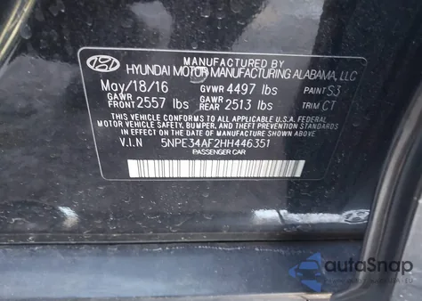 2017 Hyundai Sonata Sport из США, поврежденный, VIN 5NPE34AF2HH446351